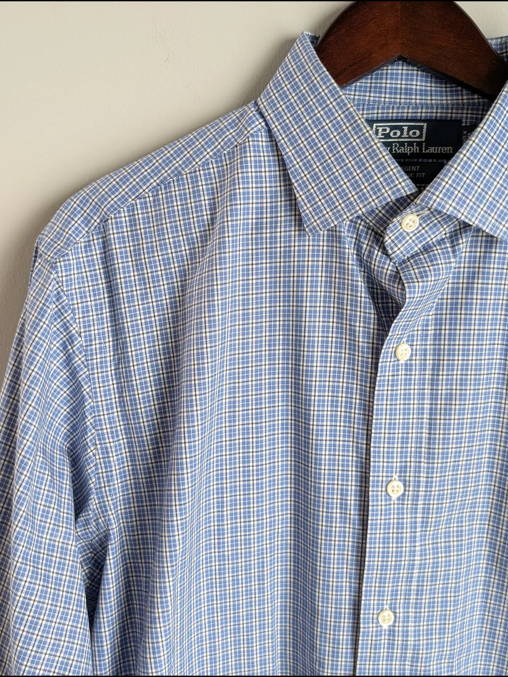 Polo Ralph Lauren Regent Shirt Mens 17 34/35 Classic Fit Blue Plaid Cotton